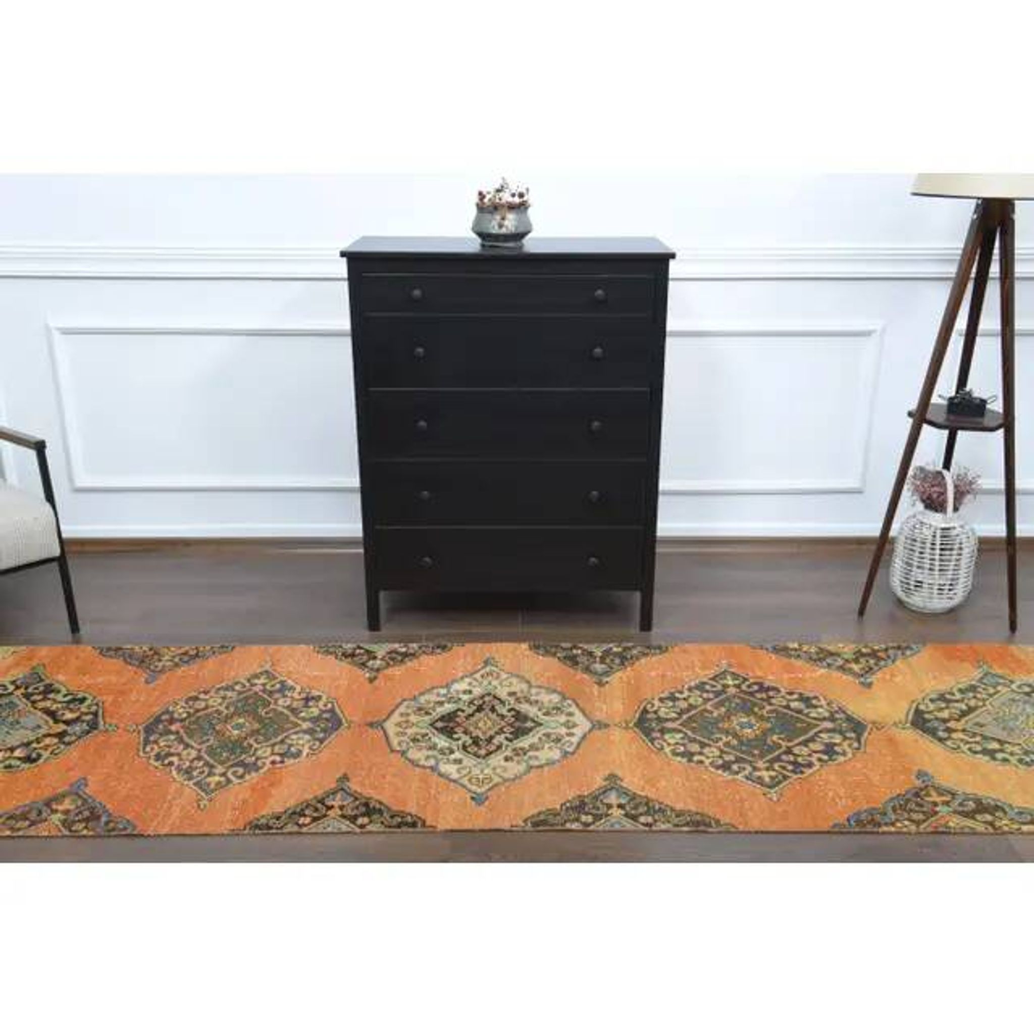 1970s Vintage Turkish Hand-Knotted Wool Cotton Orange Runner Rug 88x337