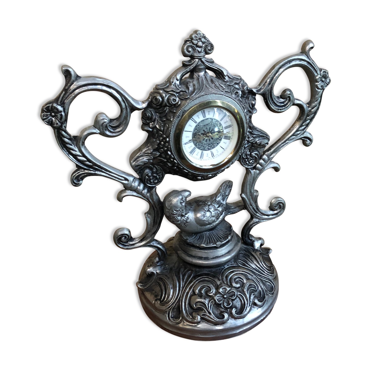 Old clock table clock baroque style metal gray made in italy vintage