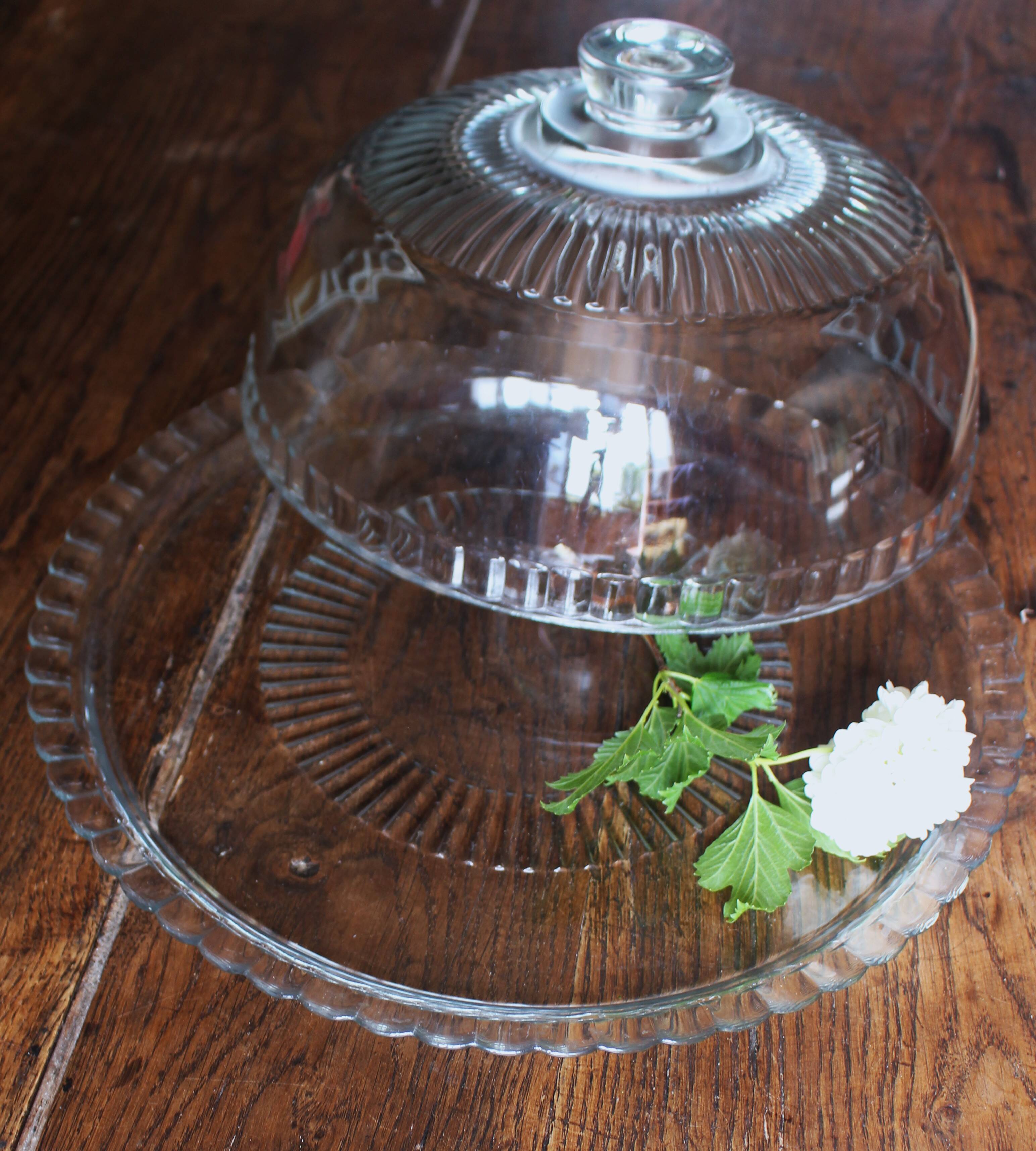 Large glass bell jar and its vintage cheese dessert plate.