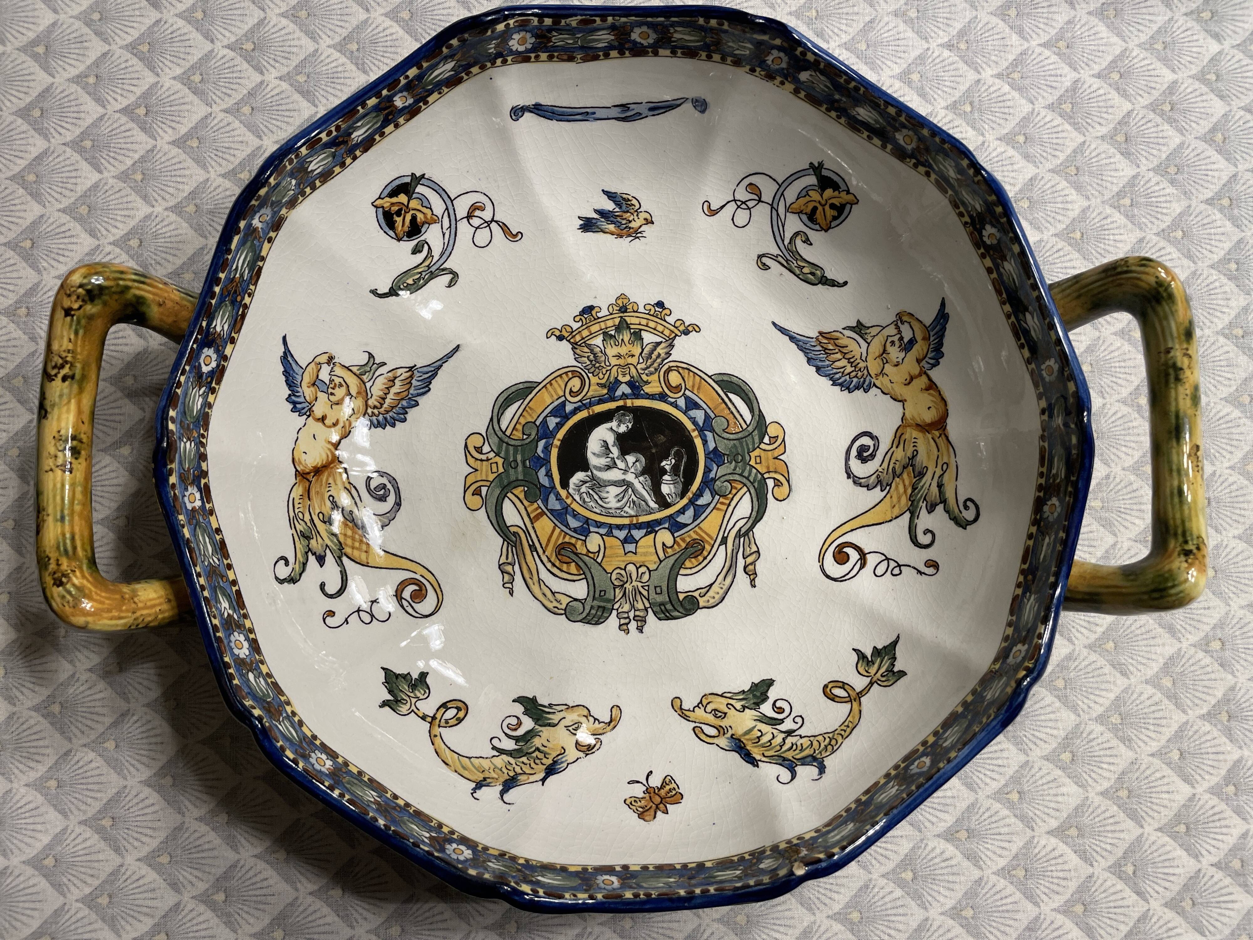 Melonniere in fine polychrome earthenware from Gien with Italian Renaissance decor