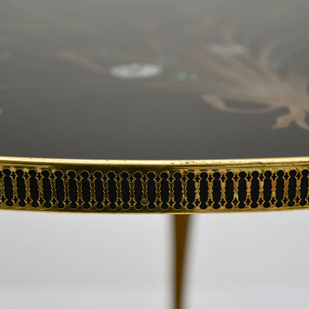 Round coffee table black glass floral brass structure D 60 cm vintage - Brocante Chic