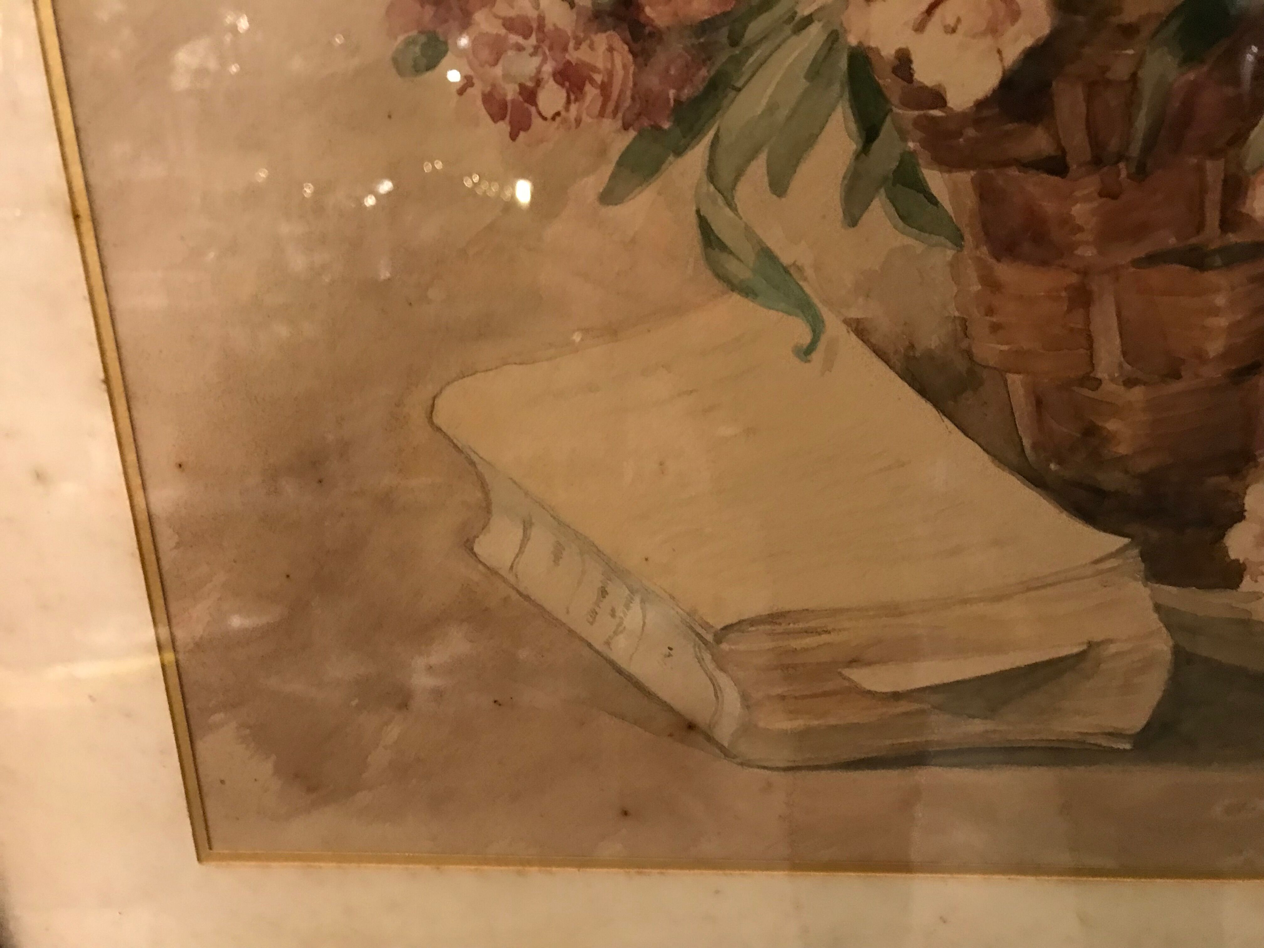 Basket of flowers watercolor painting - still life signed jeanne fabre cottave early twentieth