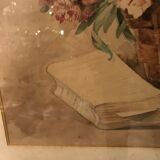 Basket of flowers watercolor painting - still life signed jeanne fabre cottave early twentieth