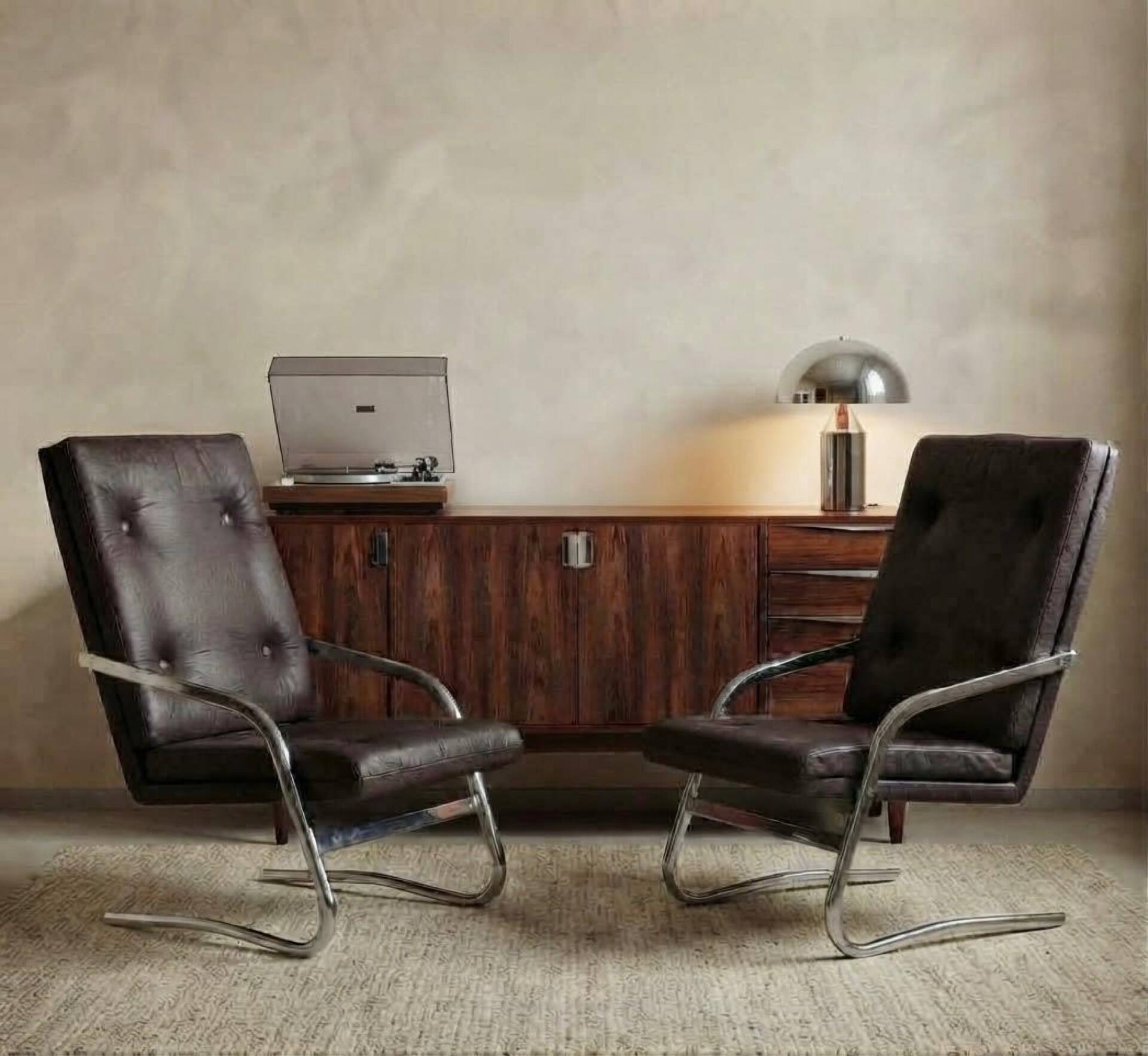 2 cantilever chairs with tubular chrome structure by Pierson of Fra