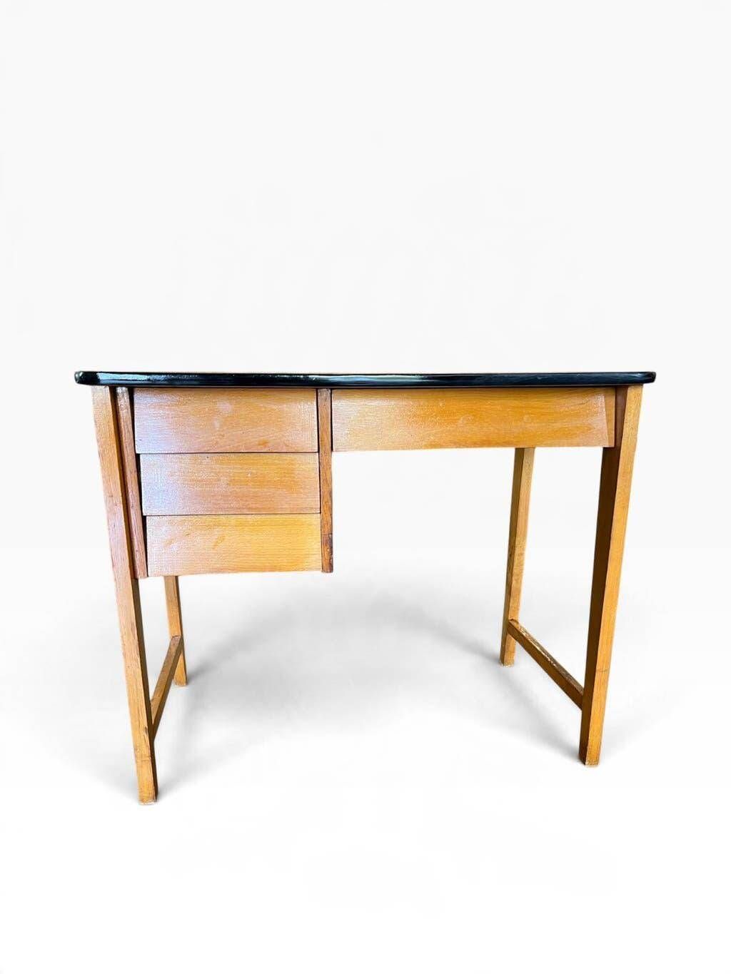 Vintage wooden desk with 3 drawers | 1960s retro style