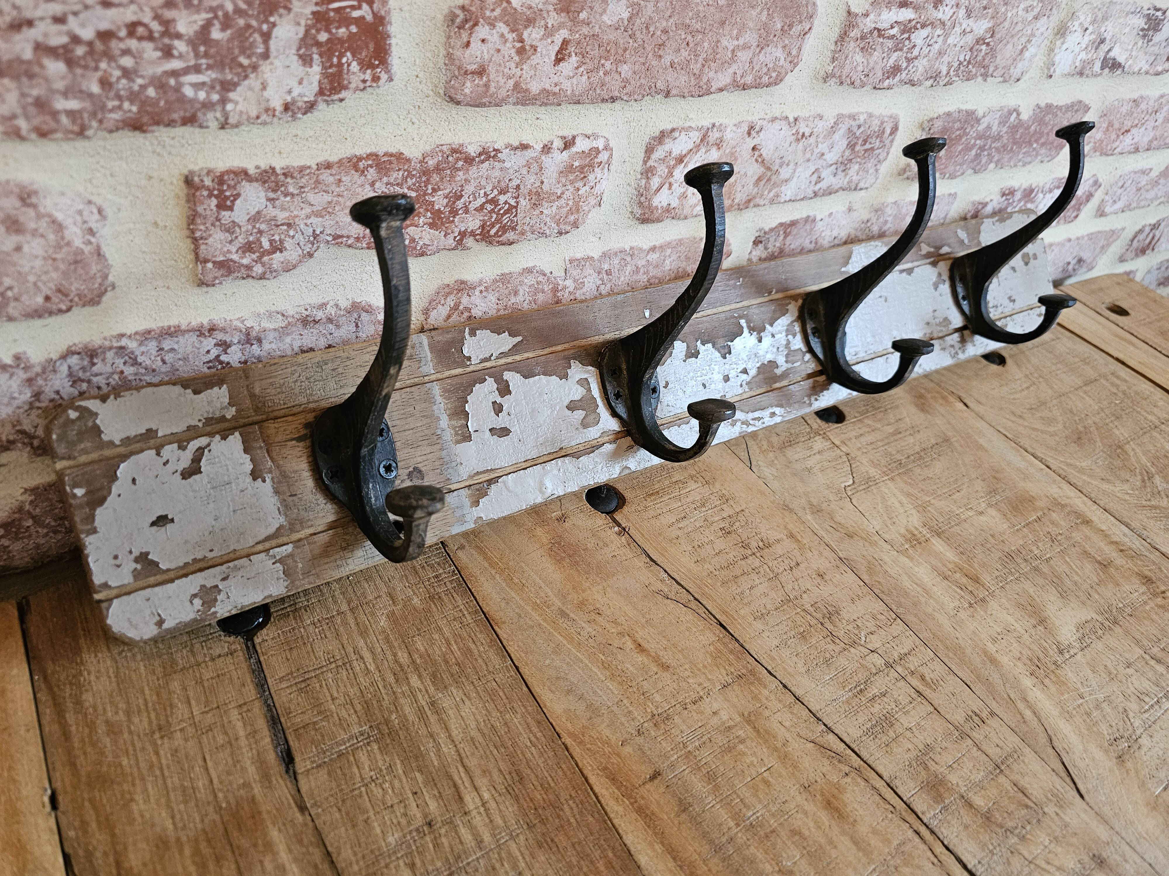 Solid teak coat hook with 4 double cast iron hooks