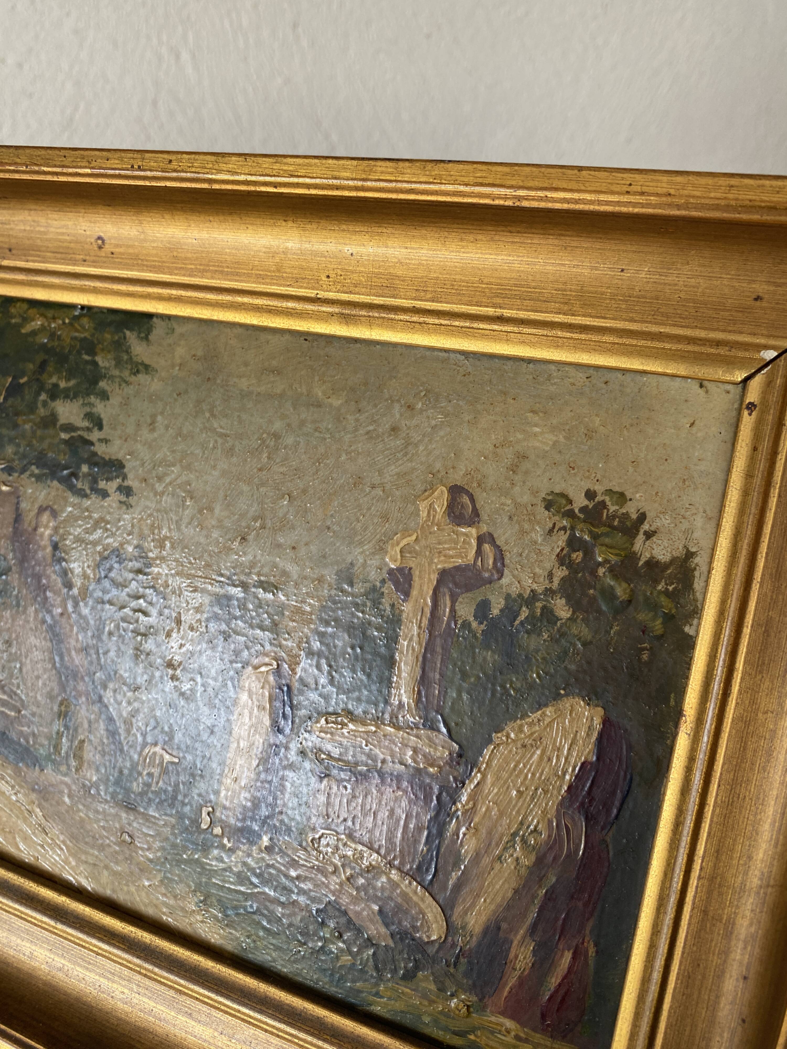 Oil on cardboard 19th century “the cross” wood and plaster frame