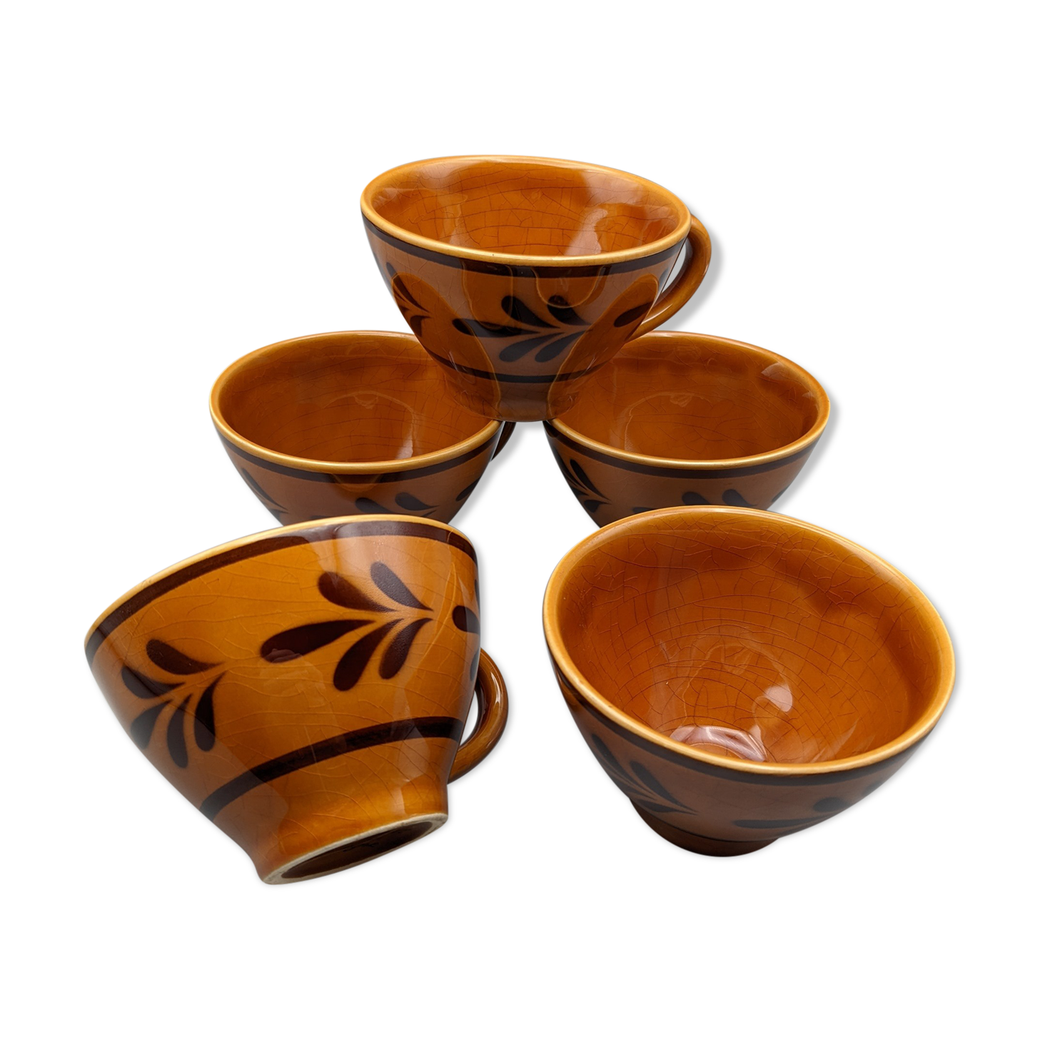 Set of 5 cups or cracked ceramic cider bowl argoat gourin bretagne