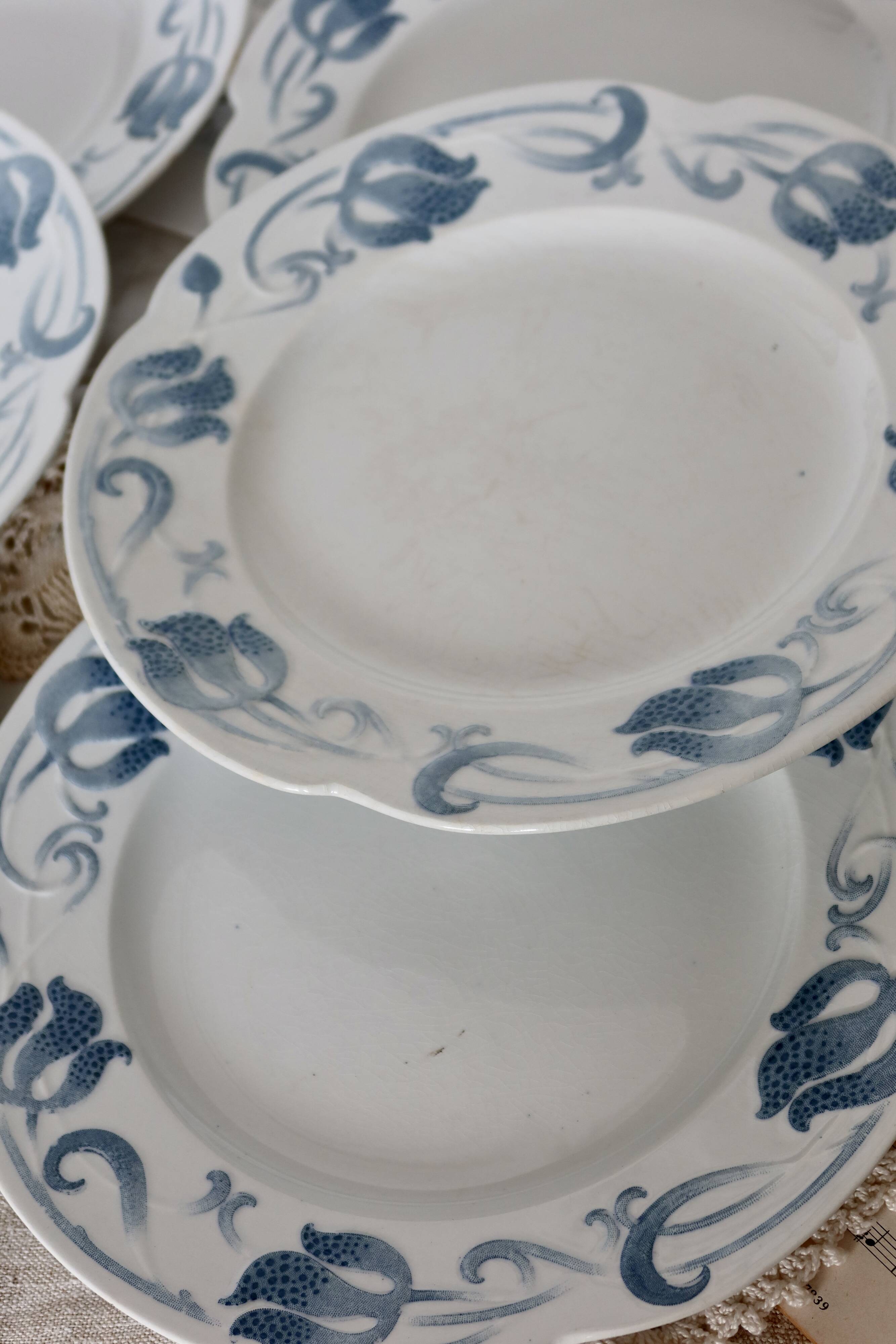 6 flat plates - Antique tableware set 82 pieces Sarreguemines earthenware Art Nouveau style