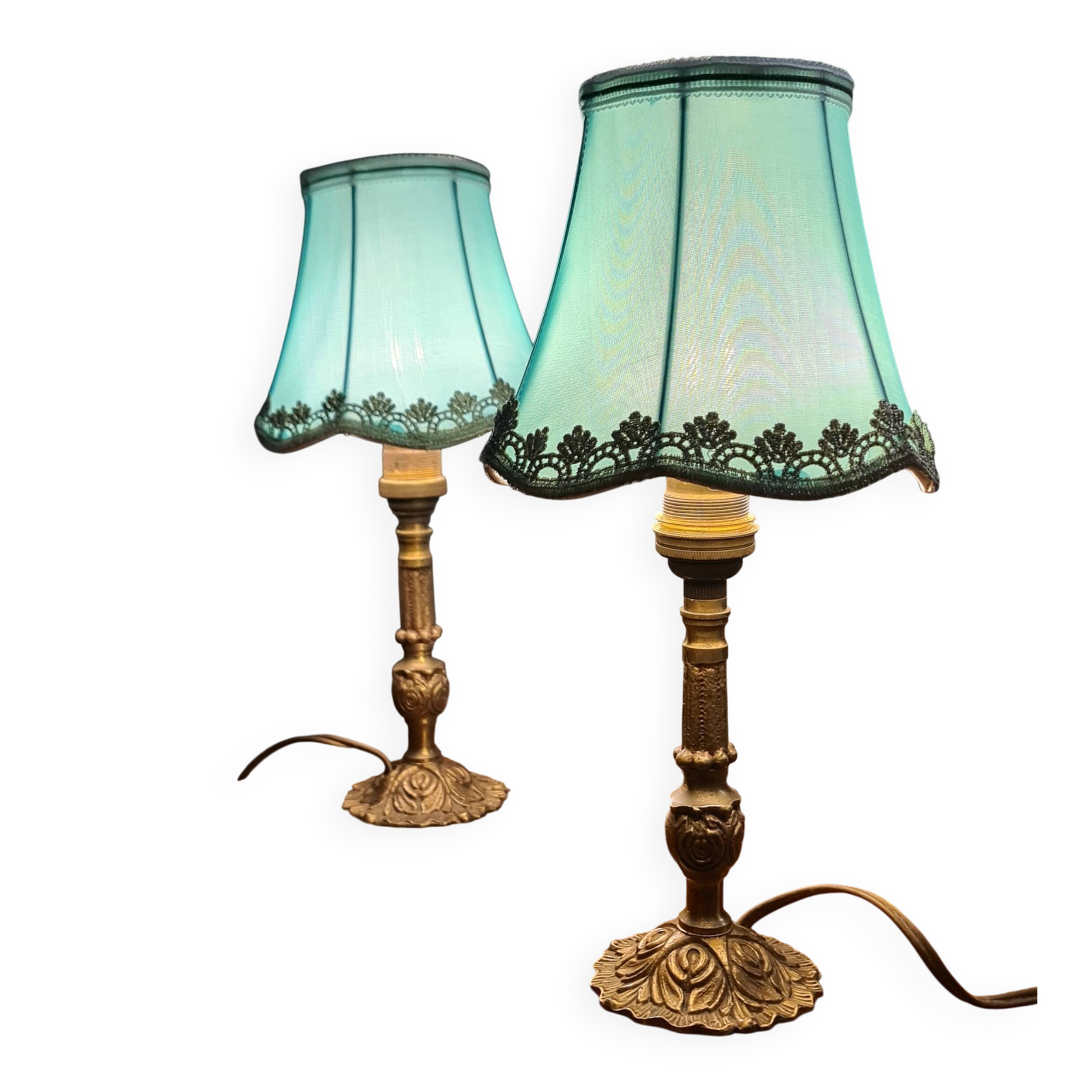 Paire de lampes chevet laiton et abat jour en satin 29x14