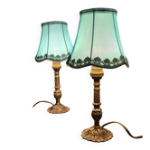 Paire de lampes chevet laiton et abat jour en satin 29x14