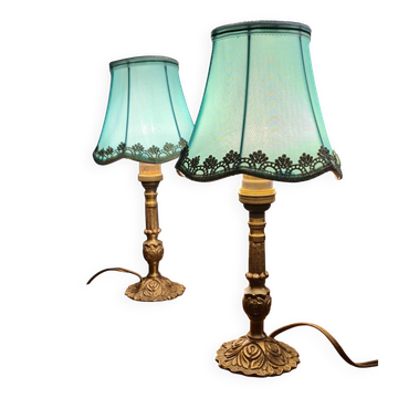 pair of bedside lamps brass and satin shade 29x14