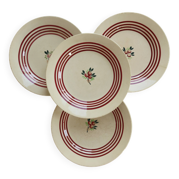 4 vintage Gien ironstone deep plates – Red floral pattern