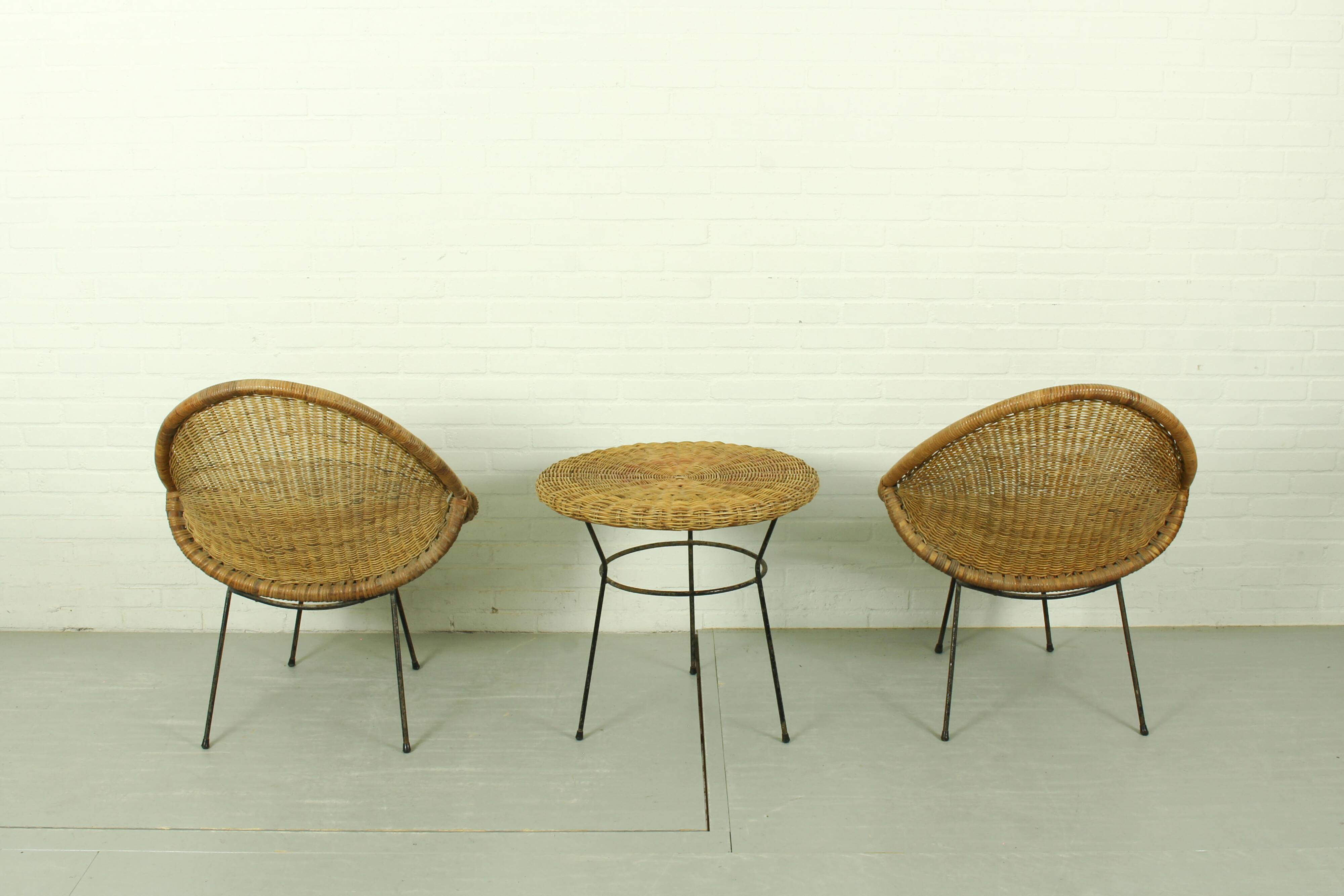 1950s Italian Rattan Basket Chairs & Matching Bistro Table Set