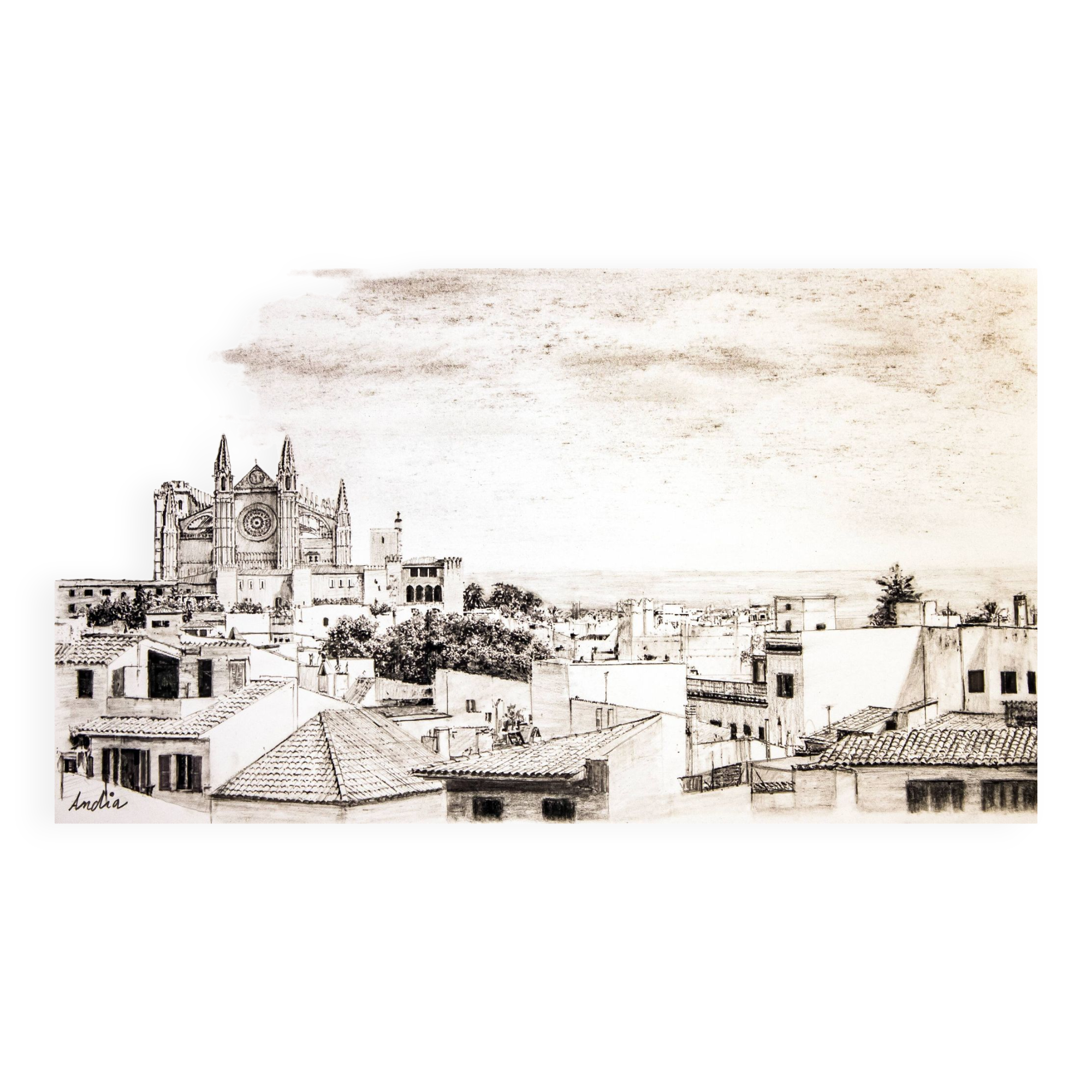 Description of a panoramic view of Mallorca. mallorca drawing. cuadro mallorca.