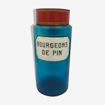 Flacon bocal de pharmacie apothicaire en verre bleu, plaque bourgeons de pin, 26,5 cm