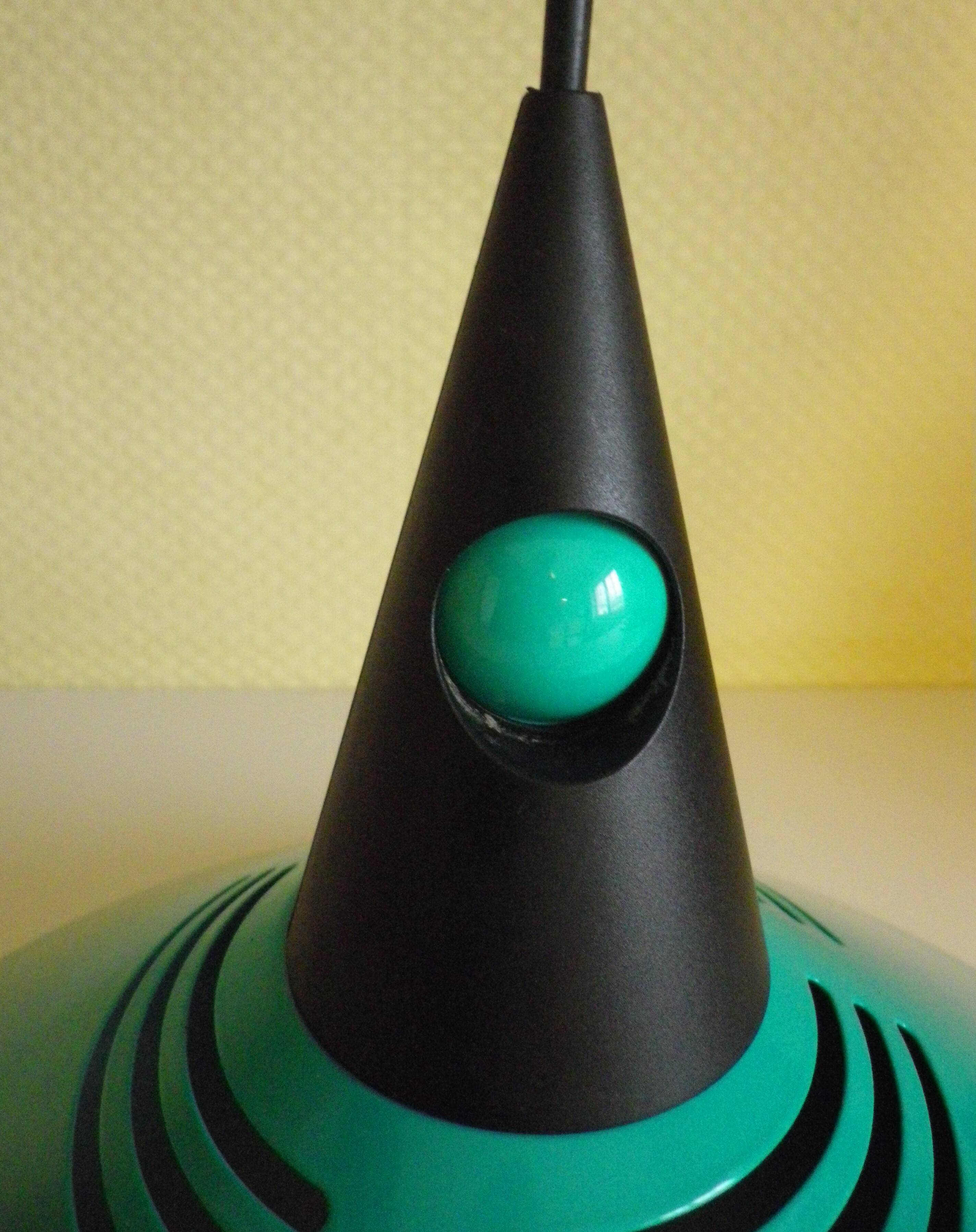 Emerald blue metal pendant light, Memphis style, space age -1980-