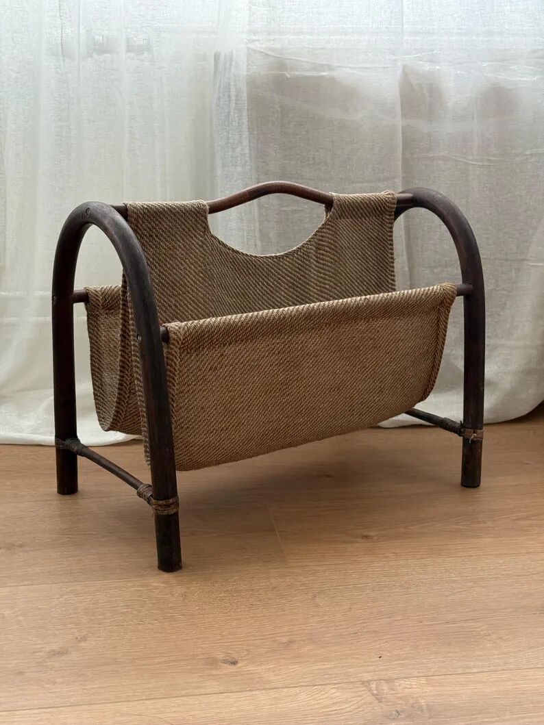 porte-revues vintage en rotin et jute | style bohème des années 50 | années 1970