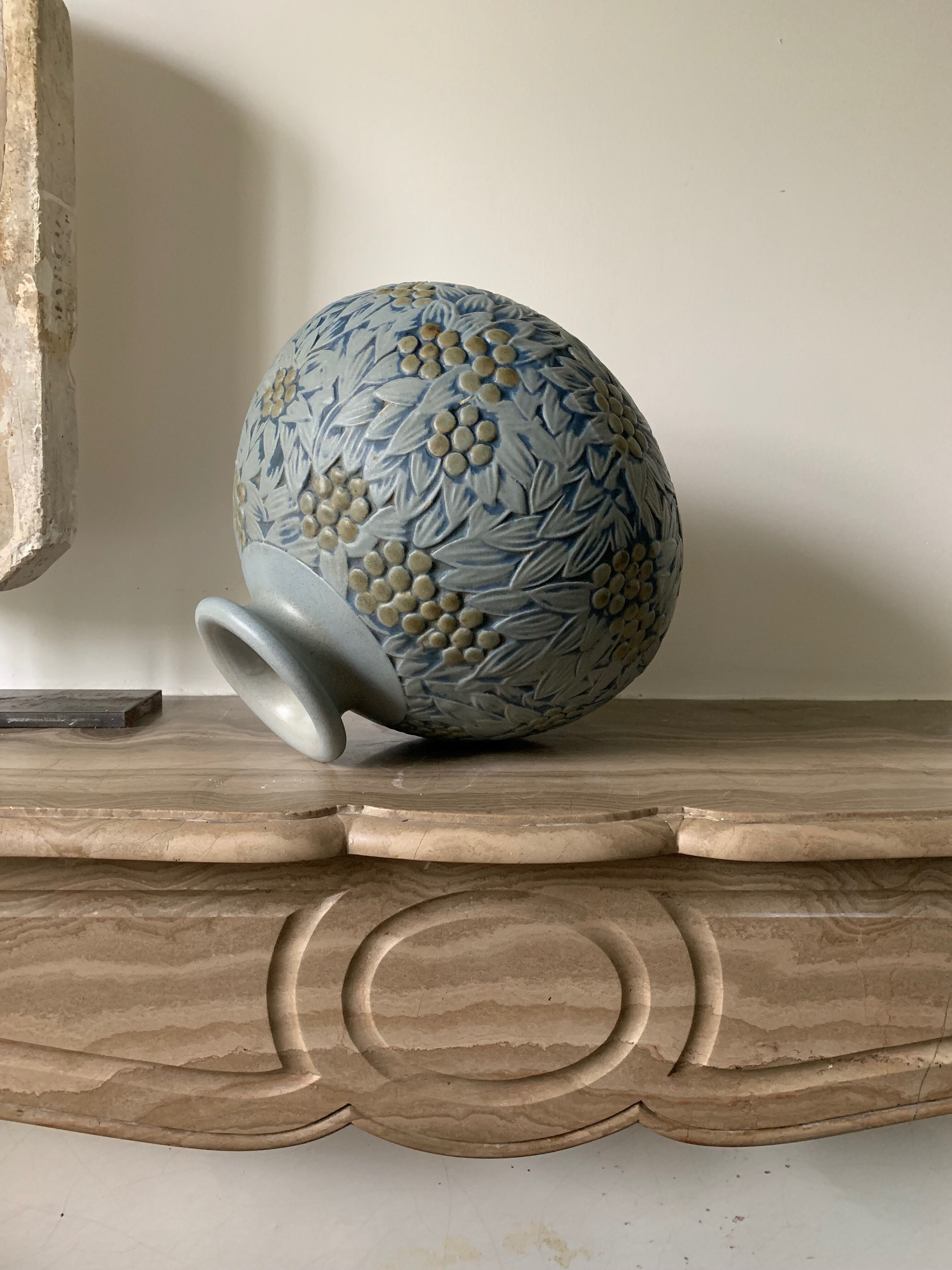 Vase Mougin blue flower and vegetal motif