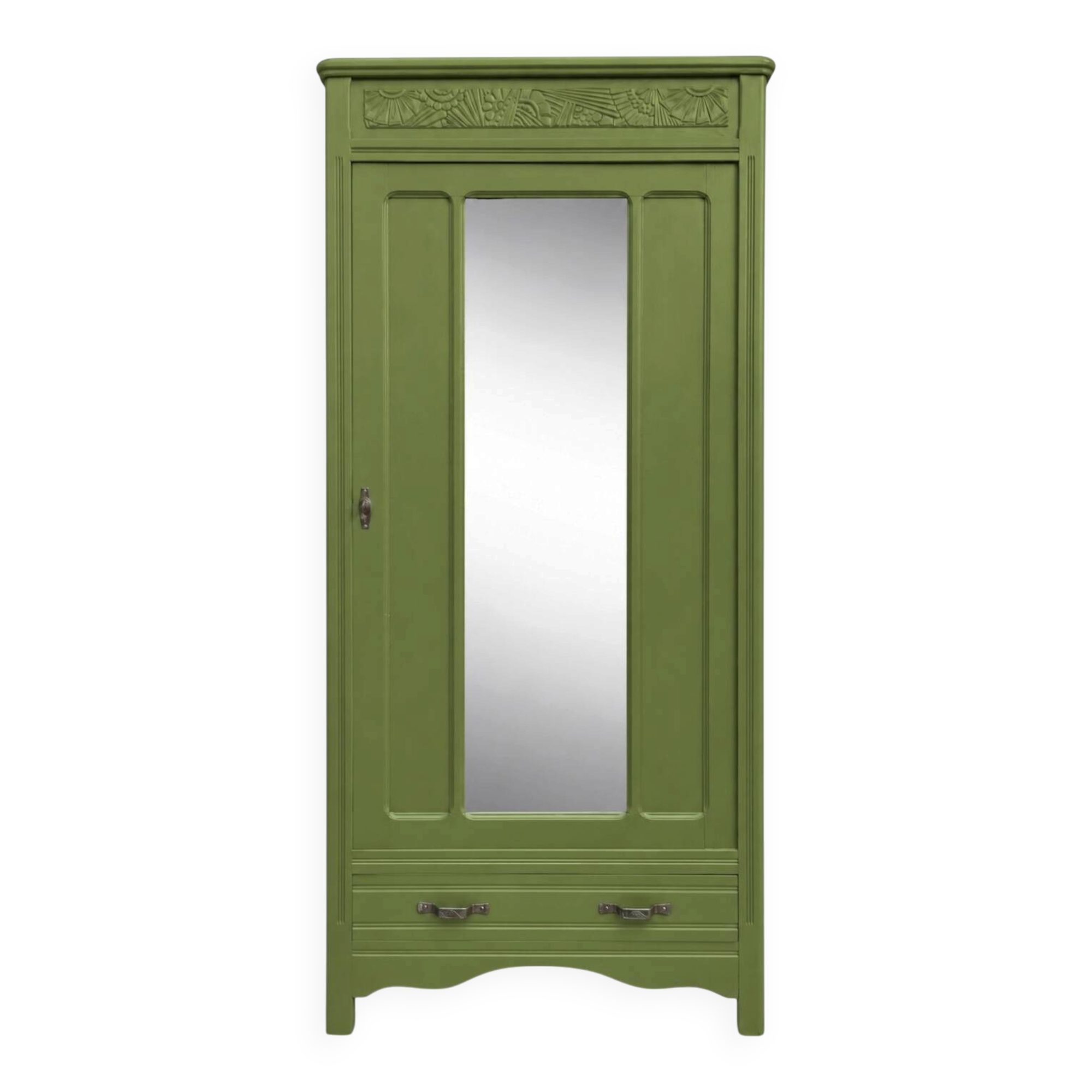 Renovated Art Deco Parisian wardrobe in khaki with original mirror.