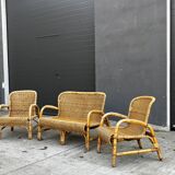 Vintage rattan garden furniture – complete set with sofa and armchairs.