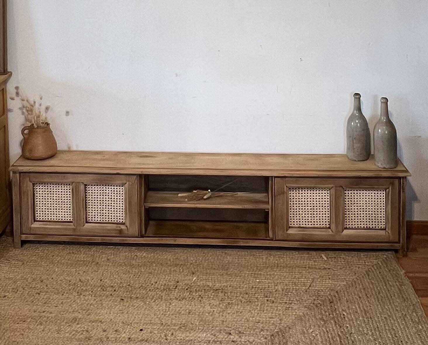 TV cabinet in raw oak and cane - sliding doors