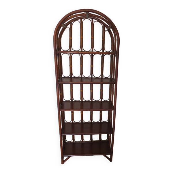 Bibliothèque vintage-étagère 5 niveaux-bois, bambou et rotin-style bois courbé-années 80