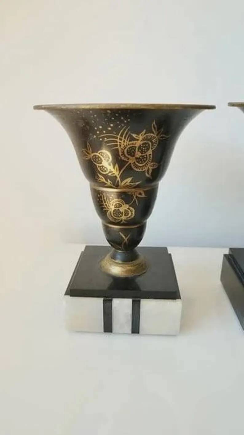 Superb pair of Art Deco enamelled brass cassolettes – black and white marble base – 1930s