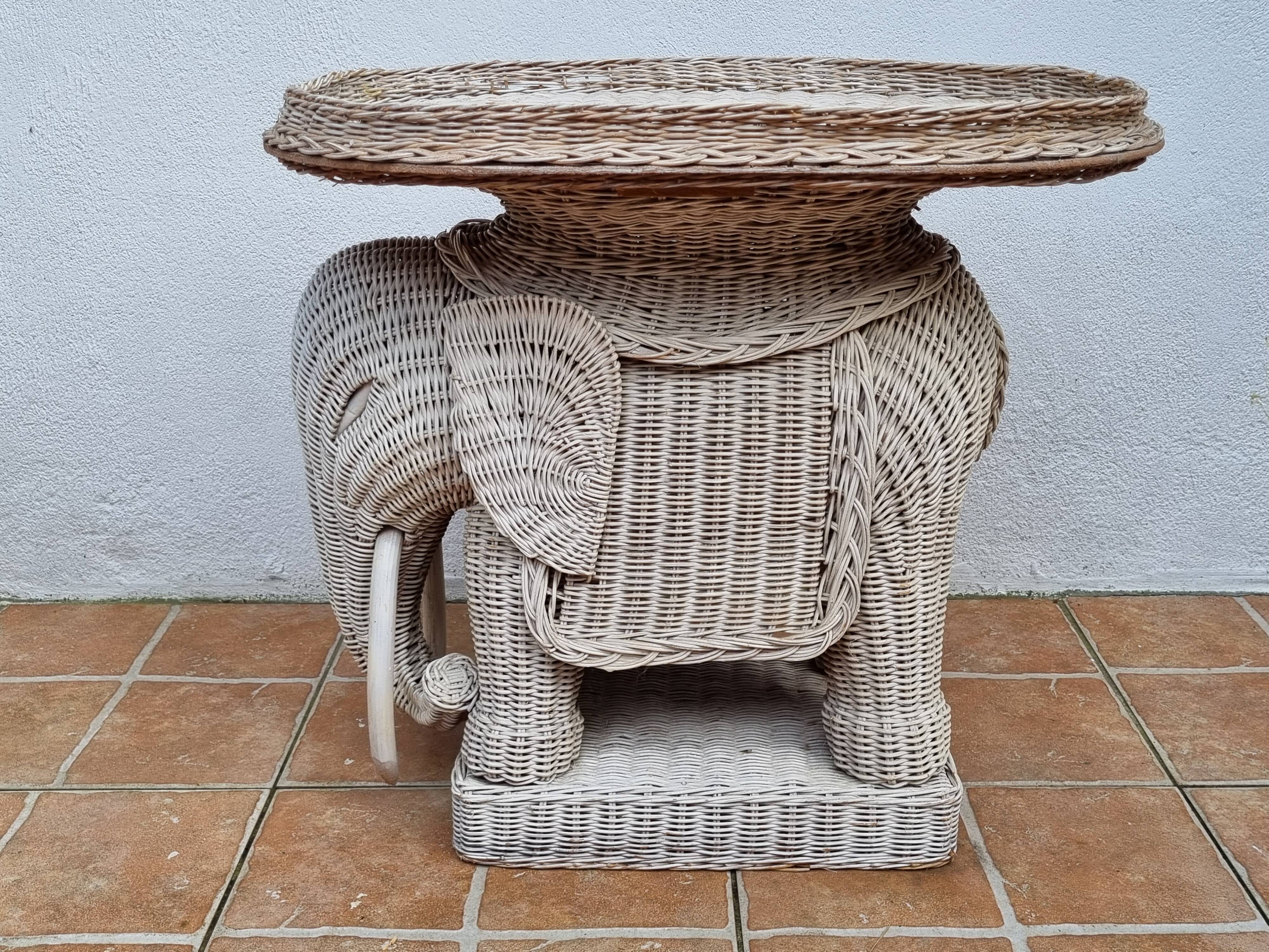 Side table, vintage rattan elephant, 70s