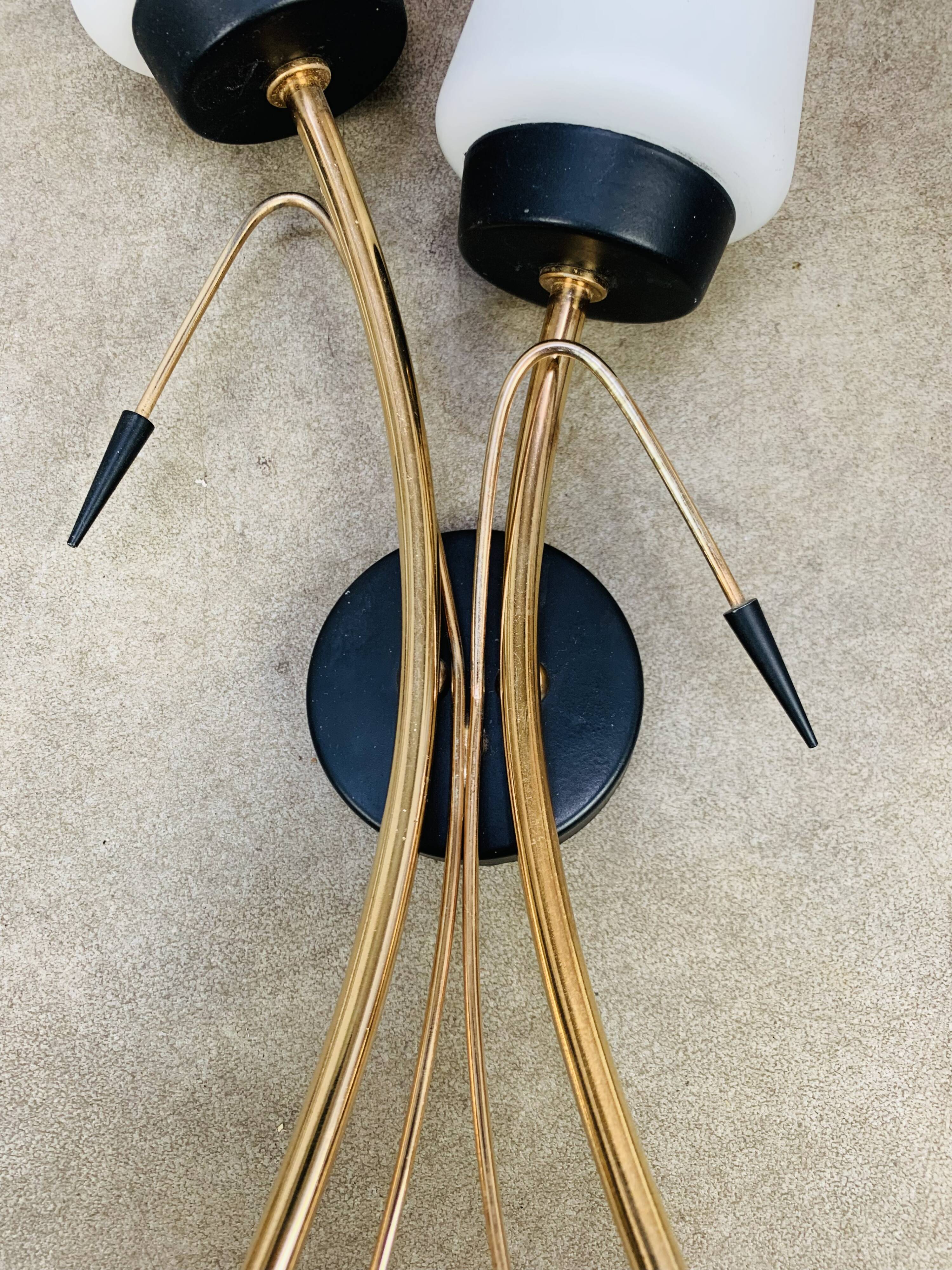 Pair of 1950s wall lights, opaline and brass tulips, Lunel Arlus