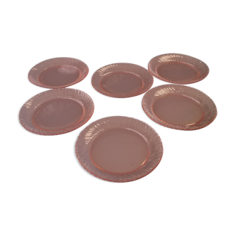 6 pink glass dessert plates