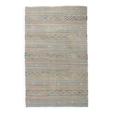 Tapis Kilim fait main rouge clair bleu 5x7 158x247 cm