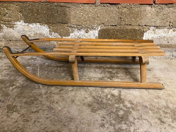 Luge ancienne Davos en bois & lames metal sport hiver vintage