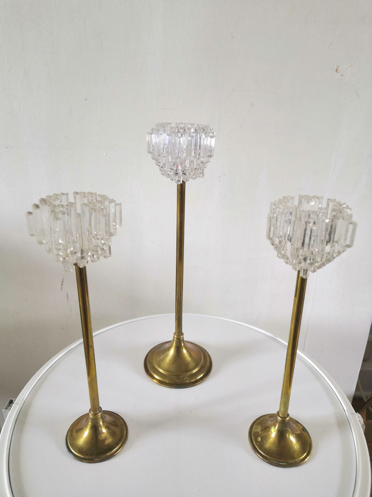 3 brass candlesticks and plexi made in Italy design 60/70s