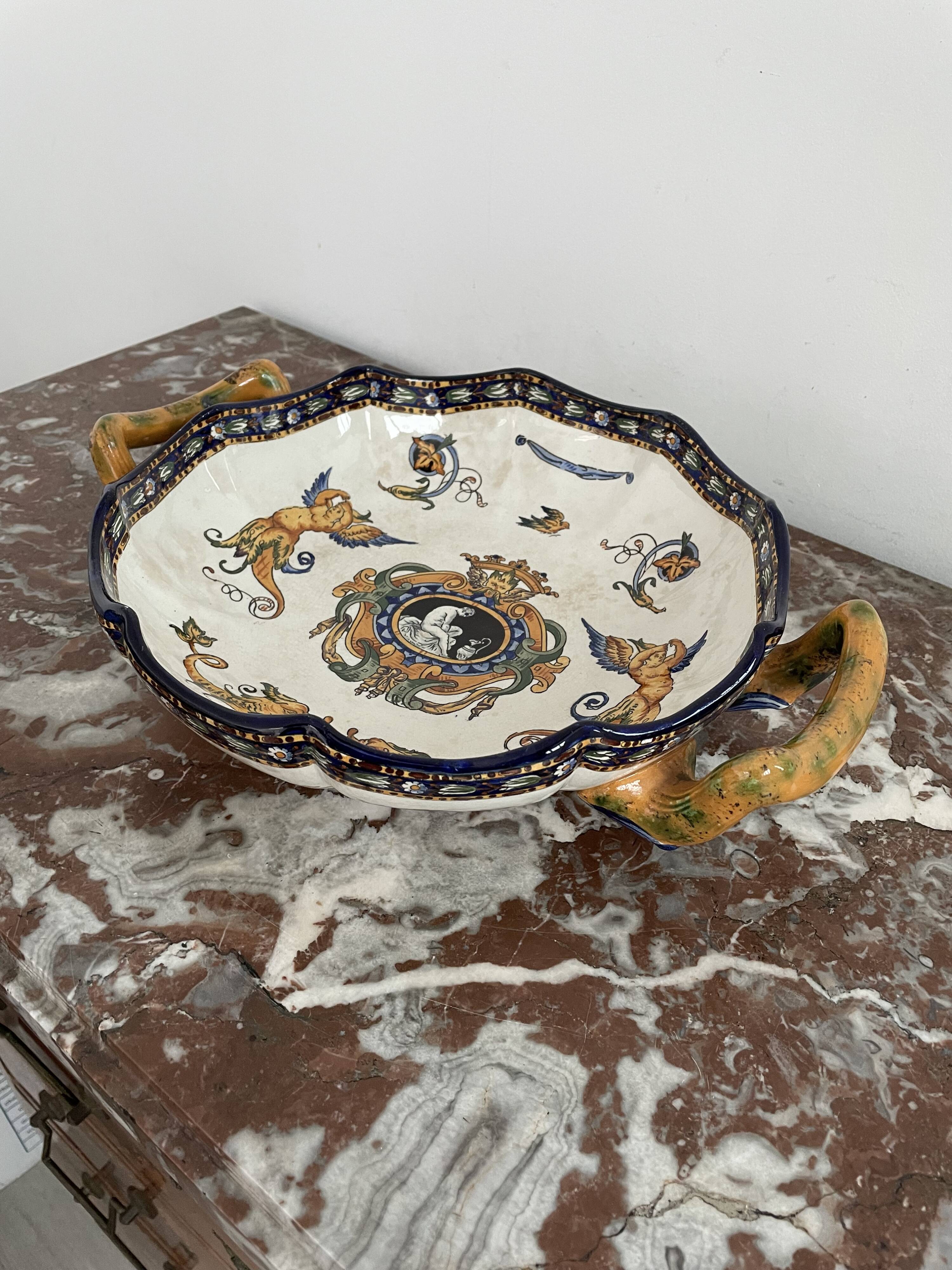 Antique, flat, bowler cup, centerpiece, Gien earthenware, nineteenth century, Renaissance décor