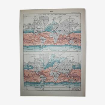 Engraving water temperatures, map original lithograph from 1898