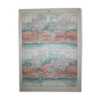 Engraving water temperatures, map original lithograph from 1898