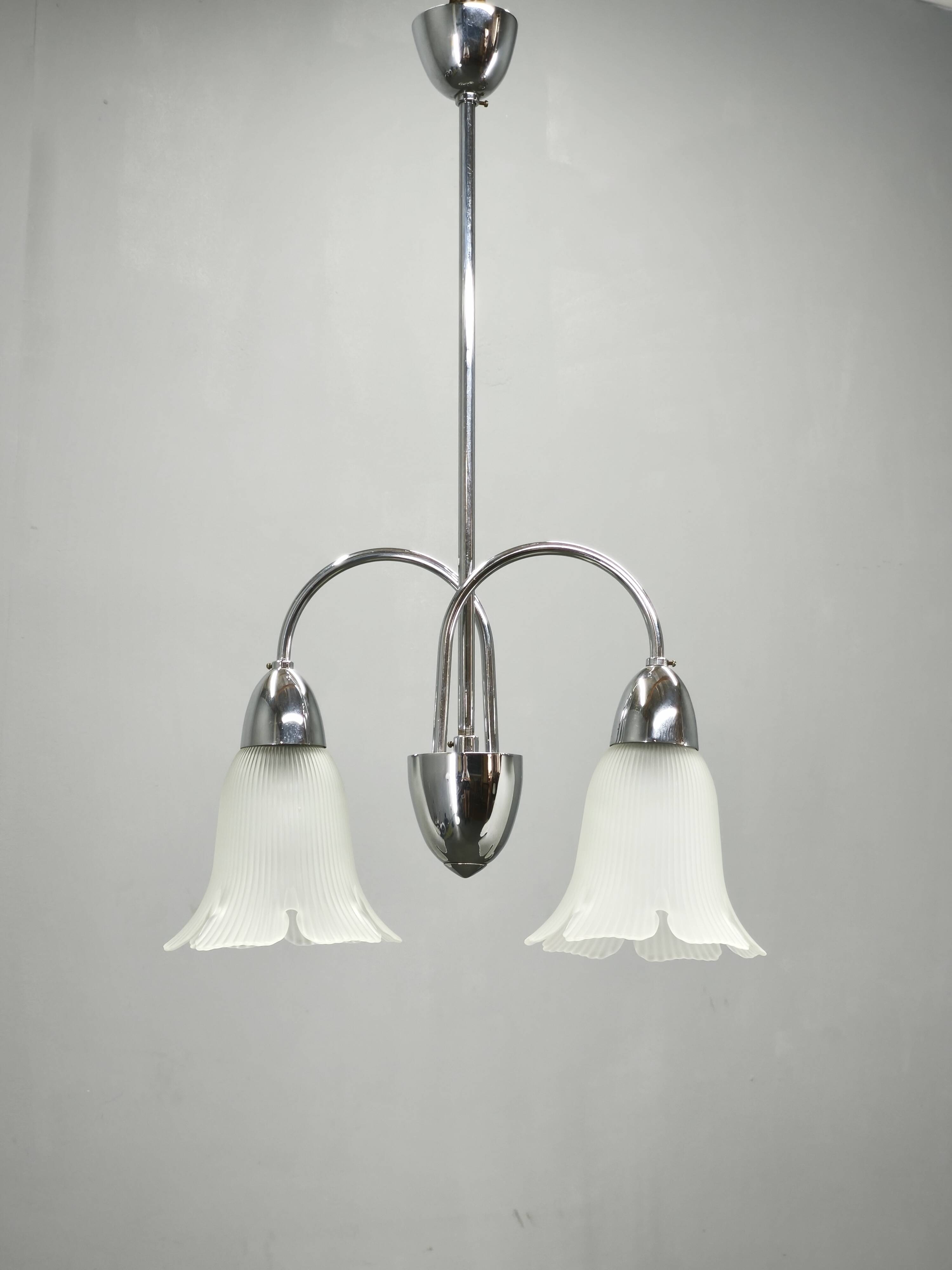 1950s Chrome and Floral Glass Chandelier by Elektroinstala Děčín