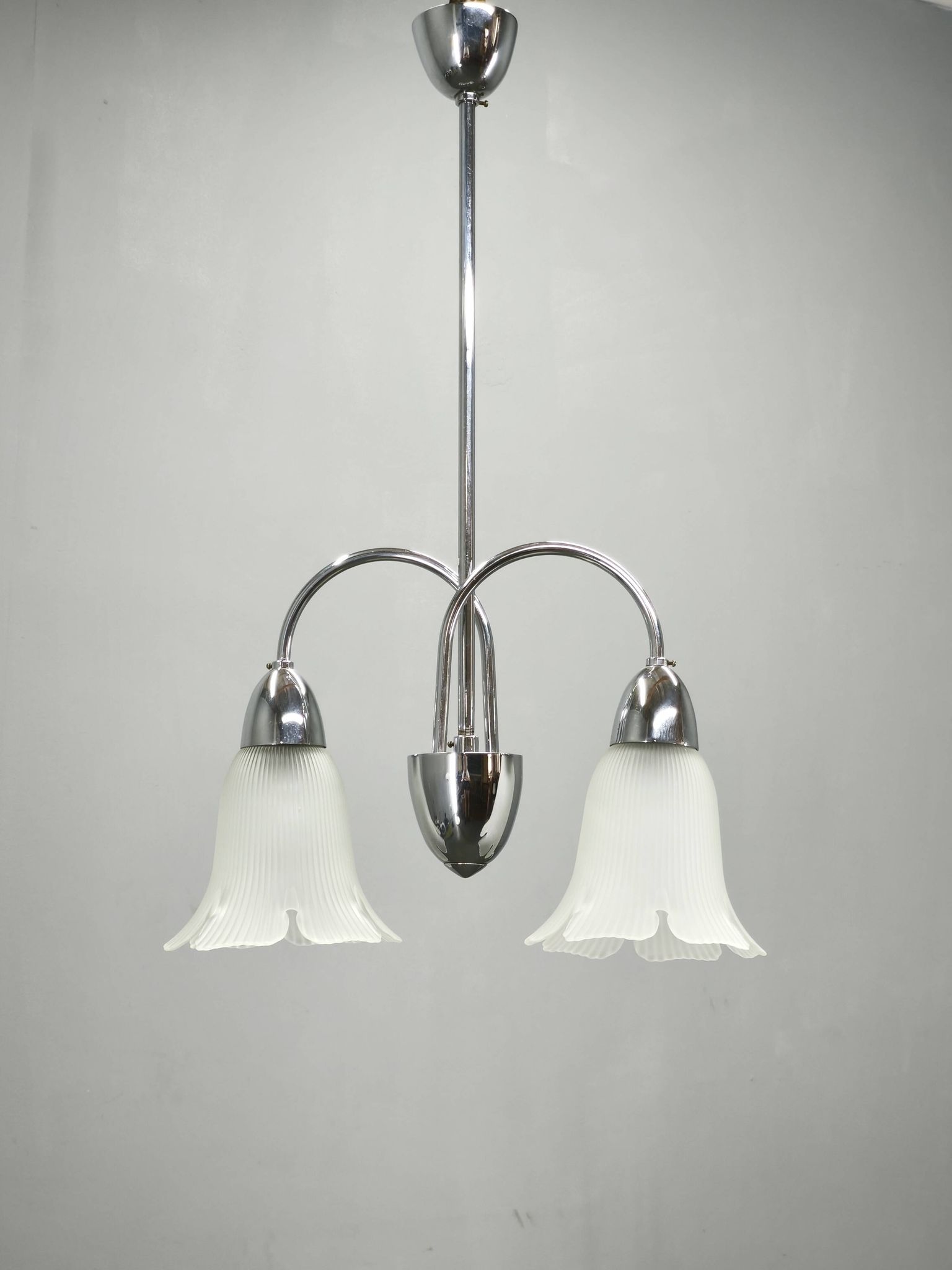 1950s Chrome and Floral Glass Chandelier by Elektroinstala Děčín