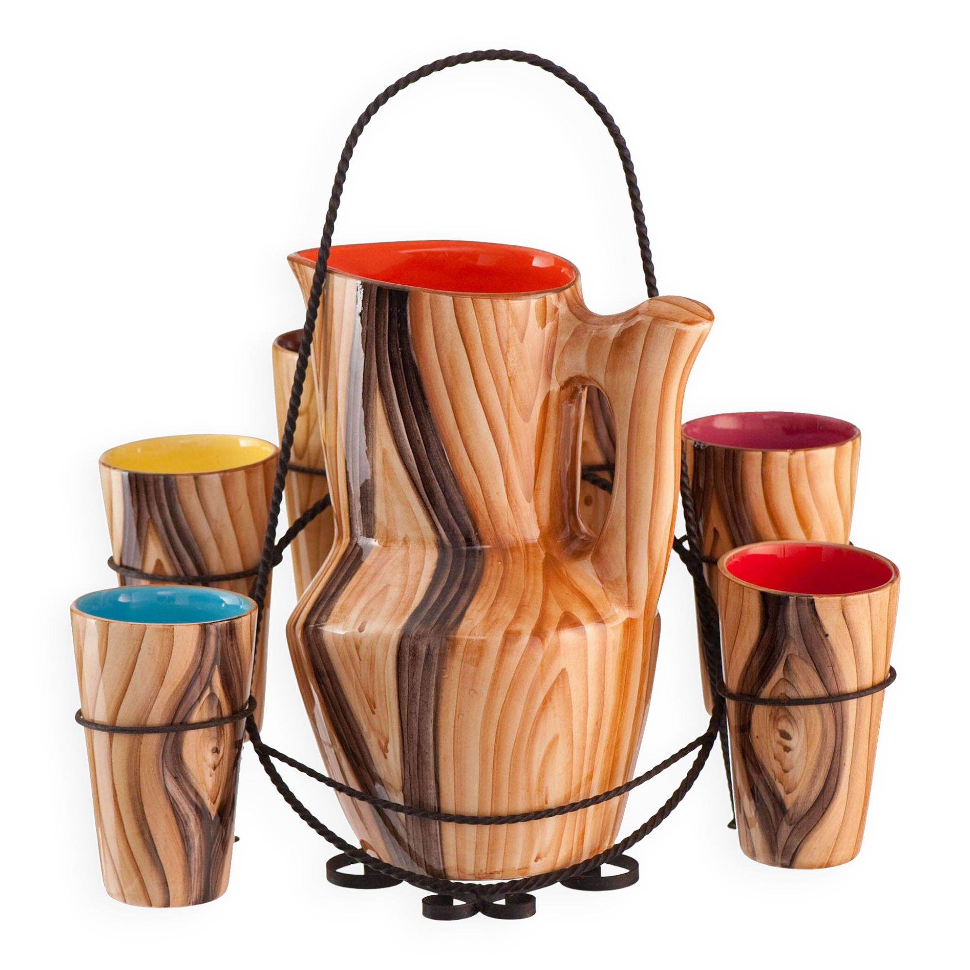 Orangeade service pitcher and 6 ceramic glasses faux wood and wrought iron Vallauris year 50/60