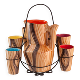 Orangeade service pitcher and 6 ceramic glasses faux wood and wrought iron Vallauris year 50/60