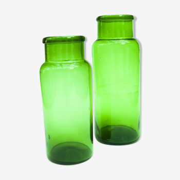 Two vases green jars blown glass bottle style Apothecary pharmacy wide opening