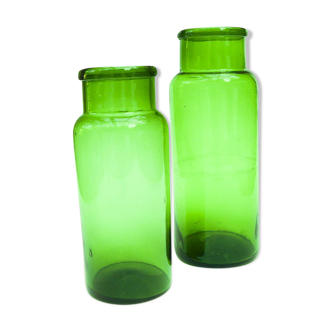 Two vases green jars blown glass bottle style Apothecary pharmacy wide opening