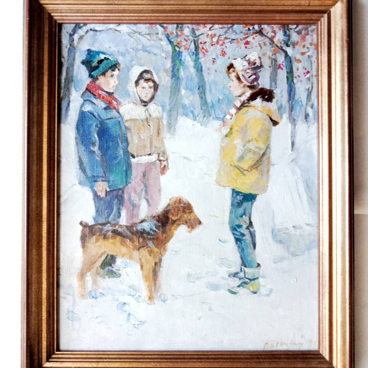 Animated Snowy Landscape Painting Children and their Dog Signed Canvas 20th Century Frame