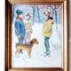 Snowy landscape tableau Children and their dog Signed canvas 20th century frame