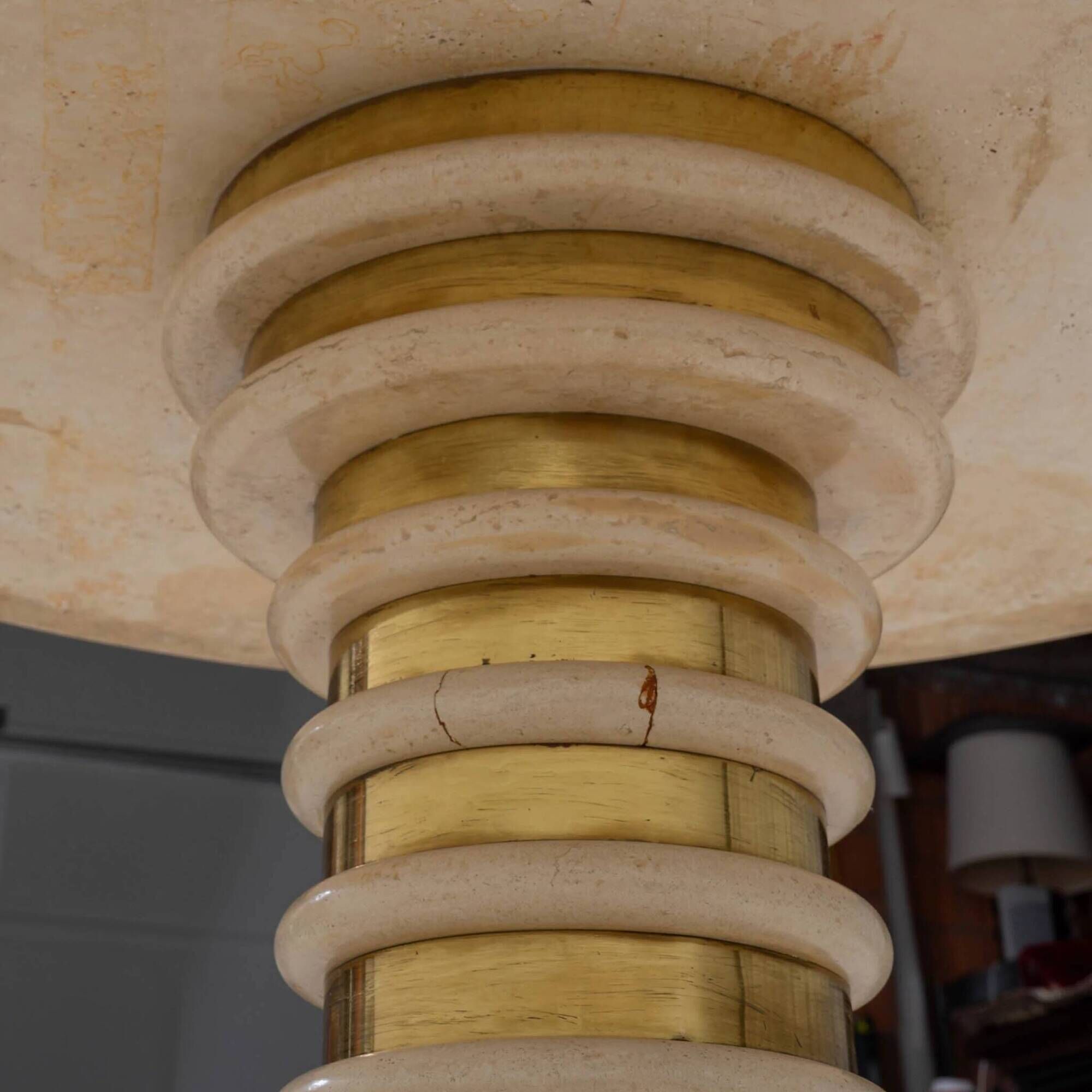 Italian Travertine and Brass Pedestal Dining Table Attributed to Marzio Cecchi for Studio Most, Italy,