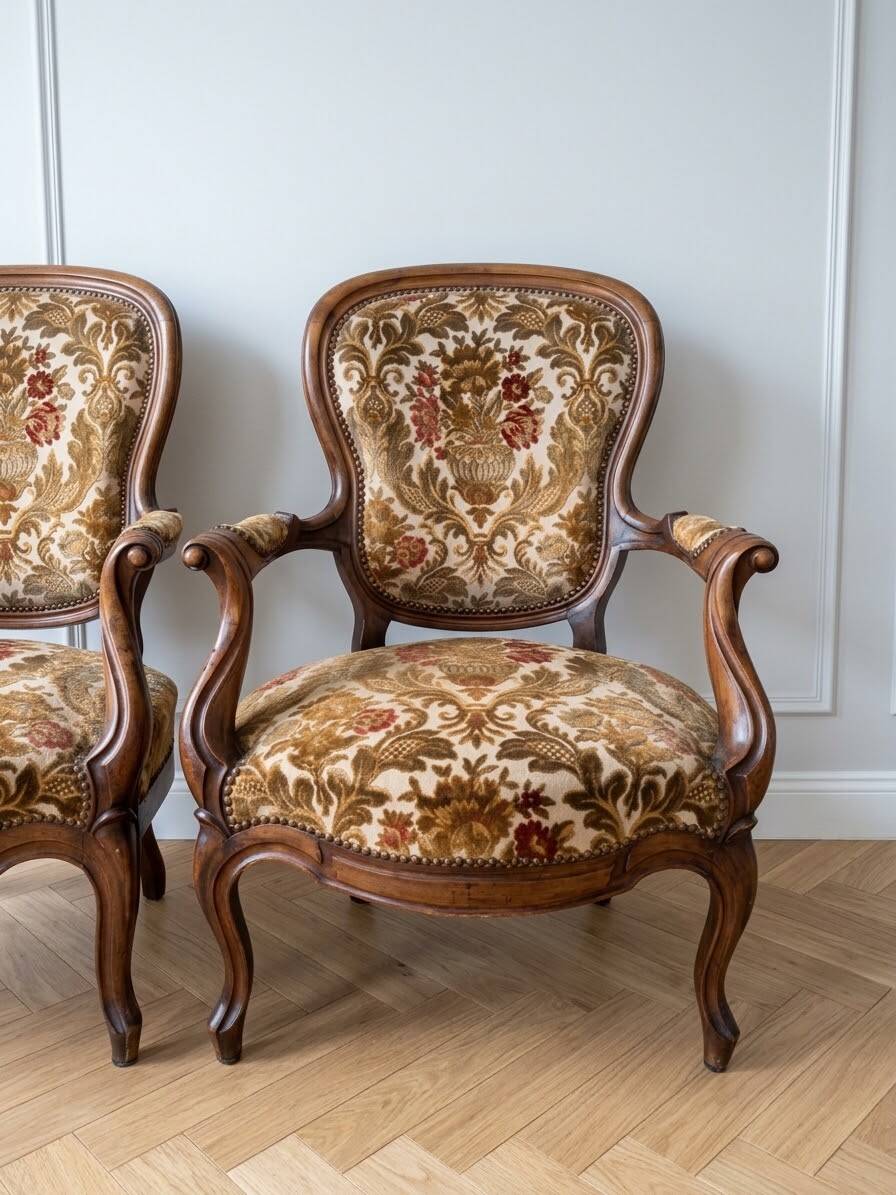 Pair of Louis XV armchairs in wood and floral fabric.