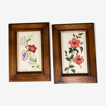Duo de peintures motif floral signés