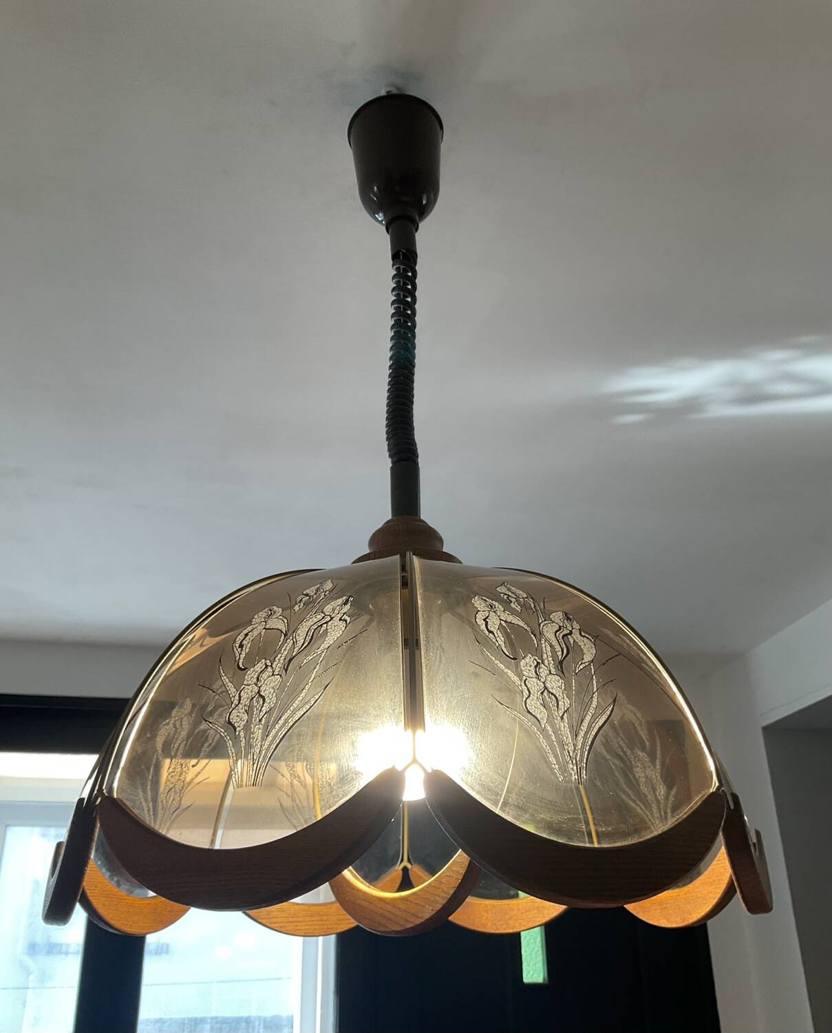 Scandinavian style glass and wood pendant light.