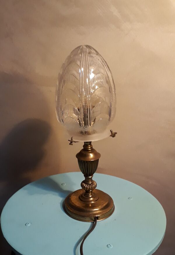 Lampe obus verre moulé art deco era Muller Degue jolie lampe art deco pied laiton